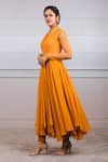 Buy_Tarun Tahiliani_Yellow Poly Georgette V Neck Fluted Dress _Online_at_Aza_Fashions