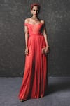 Buy_Tarun Tahiliani_Orange Chiffon Off Shoulder Jumpsuit _at_Aza_Fashions