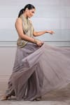 Tarun Tahiliani_Grey Tulle High Neck Draped Jumpsuit _Online_at_Aza_Fashions