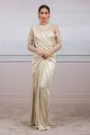 Buy_Tarun Tahiliani_Gold Lame Jersey Round Metallic Pre-draped Saree Set_at_Aza_Fashions