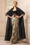 Buy_Tarun Tahiliani_Black Foil Jersey Embroidered Geometric Cape Open Balloon And Draped Skirt Set _at_Aza_Fashions