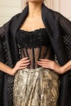 Shop_Tarun Tahiliani_Black Foil Jersey Embroidered Geometric Cape Open Balloon And Draped Skirt Set _Online_at_Aza_Fashions