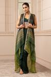 Buy_Tarun Tahiliani_Green Cape Satin Organza Blouse Georgette, Indian Tulle Print And Draped Set_at_Aza_Fashions