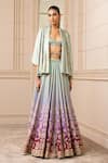 Buy_Tarun Tahiliani_Green Lehenga Chanderi Blouse And Cape Foil Jersey Printed Floral Cape & Set _at_Aza_Fashions