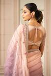 Shop_Tarun Tahiliani_Peach Drape Sheer Silk Embroidered Floral Scoop Neck Lehenga Saree Set _at_Aza_Fashions