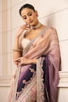 Tarun Tahiliani_Peach Drape Sheer Silk Embroidered Floral Scoop Neck Lehenga Saree Set _Online_at_Aza_Fashions