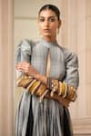 Buy_Tarun Tahiliani_Grey Handloom Embellished High Neck Anarkali Dress _Online_at_Aza_Fashions