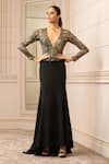Buy_Tarun Tahiliani_Gold Skirt Luxury Crepe Printed Plunge V Neck Bodysuit And Set _at_Aza_Fashions