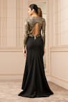 Shop_Tarun Tahiliani_Gold Skirt Luxury Crepe Printed Plunge V Neck Bodysuit And Set _at_Aza_Fashions