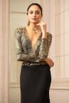 Tarun Tahiliani_Gold Skirt Luxury Crepe Printed Plunge V Neck Bodysuit And Set _Online_at_Aza_Fashions