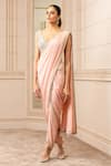 Buy_Tarun Tahiliani_Pink Chiffon Embroidered V Neck Dhoti Draped Saree With Blouse _at_Aza_Fashions