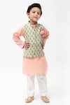 Buy_Fayon Kids_Green Cotton, Silk Floral Printed Bundi And Kurta Set _at_Aza_Fashions