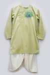 Buy_Fayon Kids_Green Cotton, Silk Embroidery, Piping, Zari Kurta And Dhoti Pant Set _at_Aza_Fashions