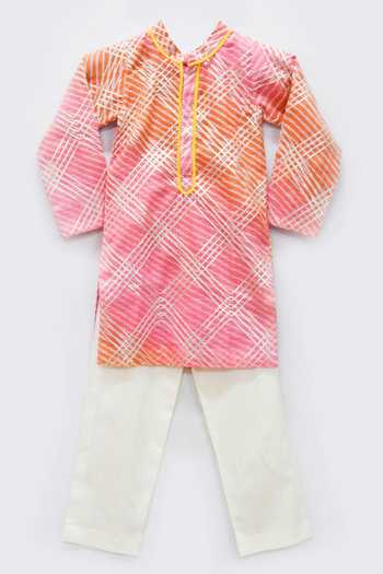 Buy_Fayon Kids_Pink , Satin Embroidery Gota Patti Trim Kurta Set _at_Aza_Fashions