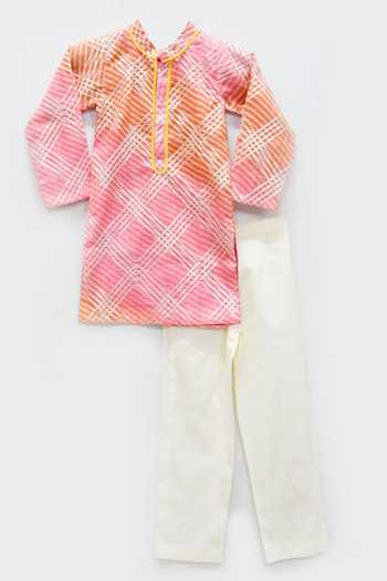 Fayon Kids_Pink , Satin Embroidery Gota Patti Trim Kurta Set _Online_at_Aza_Fashions