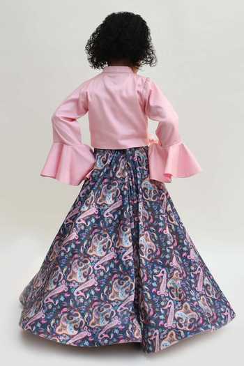 Shop_Fayon Kids_Blue Cotton, Silk, Velvet Floral Printed Lehenga Set _at_Aza_Fashions