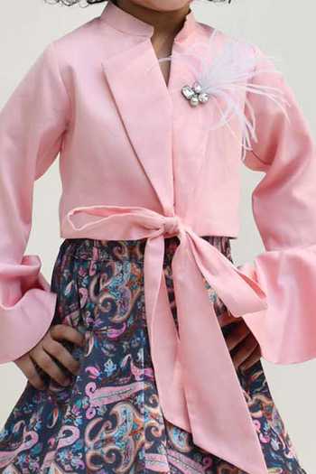 Buy_Fayon Kids_Blue Cotton, Silk, Velvet Floral Printed Lehenga Set _Online_at_Aza_Fashions