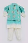 Fayon Kids_Blue Cotton, Silk Embroidery Floral Kurta Set With Nehru Jacket _Online_at_Aza_Fashions