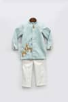 Buy_Fayon Kids_Blue Cotton, Silk Embroidery Bandhgala And Pant Set _at_Aza_Fashions