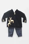 Buy_Fayon Kids_Blue Velvet, Cotton Embroidery Bandhgala And Pant Set _at_Aza_Fashions