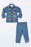 Fayon Kids_Blue Denim Piping Jacket And Pant Set _Online_at_Aza_Fashions