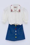 FAYON KIDS_White Cotton Silk And Denim Embroidery Thread Spread Collar Shirt & Skirt Set _Online_at_Aza_Fashions