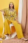 Shop_Riraan Couture_Yellow Georgette Round Chanderi Silk Kimono And Palazzo Set _at_Aza_Fashions