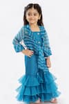 Free Sparrow_Blue Printed Jacket And Sharara Set For Girls_Online_at_Aza_Fashions