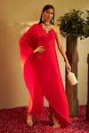 Tasuvure Indes_Magenta Pleated Plain Asymmetric Ayvah One Shoulder Top And Pant Set _Online_at_Aza_Fashions