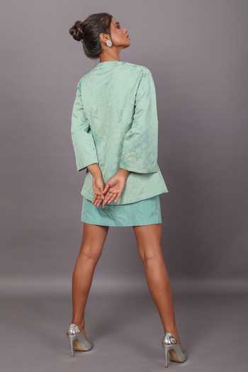 Shop_Couché By Anandini_Green Jacquard And Taffeta V Neck Textured Woven Jacket & Skirt Set _at_Aza_Fashions