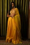Buy_Kalakaari By Sagarika_Yellow Blouse Silk Printed Floral V Neck Striped Lehenga Set_at_Aza_Fashions
