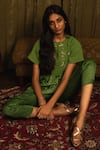 Kalakaari By Sagarika_Green Georgette, Top And Pant Modal Silk Checkered, Embroidered & Striped Set_Online_at_Aza_Fashions