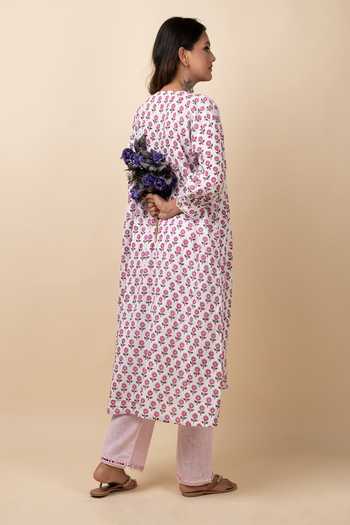 Shop_Kalakaari By Sagarika_Pink Cotton Floral, Striped V Neck Printed Kurta And Pant Set _at_Aza_Fashions