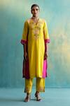 Buy_Shivani Bhargava_Yellow Handloom Chanderi Embroidered Aari V Neck Colorblock Kurta _at_Aza_Fashions
