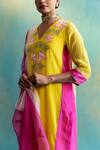 Shivani Bhargava_Yellow Handloom Chanderi Embroidered Aari V Neck Colorblock Kurta _at_Aza_Fashions
