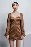 Buy_Zosia_Brown Twill Satin Sweetheart Neck Corset Dress  _at_Aza_Fashions