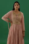 Shop_5elements_Pink 100% Cotton With Silk Brocade Yoke Metal Peacock Anarkali Set _Online_at_Aza_Fashions