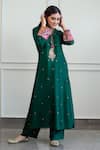 Label Niti Bothra_Green Cupro Dupion Embroidery V Neck Kurta Palazzo Set _Online_at_Aza_Fashions