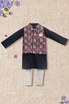 Buy_Fayon Kids_Blue , Satin Navy Printed Bundi Kurta Set _at_Aza_Fashions