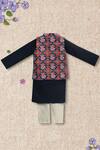 Shop_Fayon Kids_Blue , Satin Navy Printed Bundi Kurta Set _at_Aza_Fashions