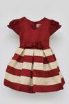 Buy_Fayon Kids_Maroon Cotton, Silk Bows Striped Pleated Frock _at_Aza_Fashions