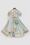 Buy_Fayon Kids_Blue Chanderi, Organza Zari, Embroidery Floral Geometric Printed Lehenga Set _Online_at_Aza_Fashions
