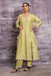 Buy_Label Niti Bothra_Green Chanderi Silk French Knot V Neck Kurta And Palazzo Set _at_Aza_Fashions