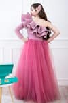 Shop_Hoity Moppet_Pink Tulle Embroidered Sequin Work One Shoulder Ruffle Dress _at_Aza_Fashions