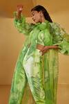 Shop_Pankaj & Nidhi_Green Satin Twill Flora Applique Cape And Trouser Set_Online_at_Aza_Fashions