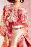 Shop_Pankaj & Nidhi_Pink Organza Flora Sheer Bomber Jacket_Online_at_Aza_Fashions