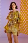 Buy_Pankaj & Nidhi_Yellow Flora Embellished Lace Top_at_Aza_Fashions