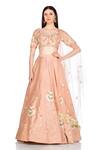 Buy_Salt and Spring_Pink Raw Silk Embroidered Floral Motifs V Neck Lehenga Set _at_Aza_Fashions