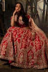 Shop_Kalighata_Red Raw Silk V Neck Embroidered Bridal Lehenga Set _at_Aza_Fashions