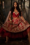 Kalighata_Red Raw Silk V Neck Embroidered Bridal Lehenga Set _Online_at_Aza_Fashions